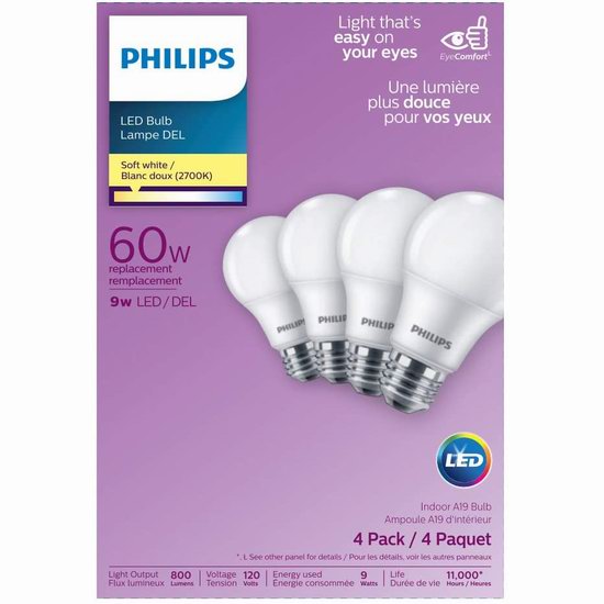  Philips 飞利浦 463380 A19 60瓦等效 LED节能灯4件套 8.91加元（原价 10.96加元）