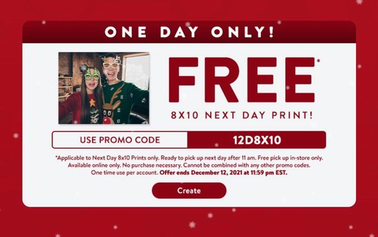 Walmart免费扩印一张8x10寸照片！仅限12月12日！