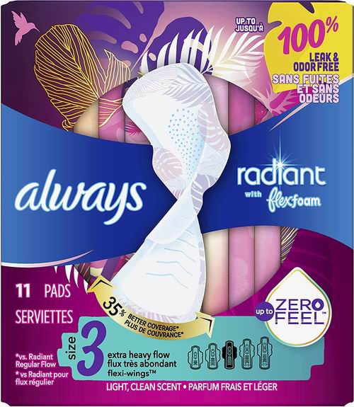  Always Radiant FlexFoam Size 3量多时护翼卫生巾11片 带香味  3.79加元，原价 5.29加元