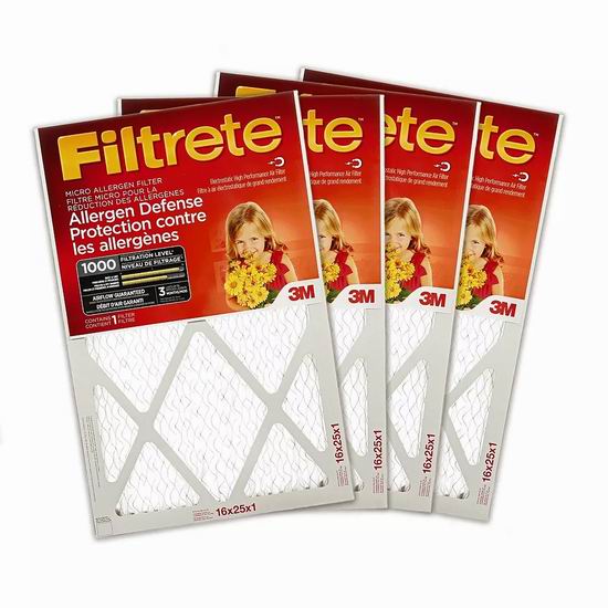  3M Filtrete 1000 MPR 防过敏家庭空调暖气炉过滤网（4个装 16x25x1英寸） 34.98加元！