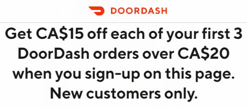 DoorDash 外卖送餐 老用户订餐三单享6折，支持自取！新用户前三单满20加元立减15加元！