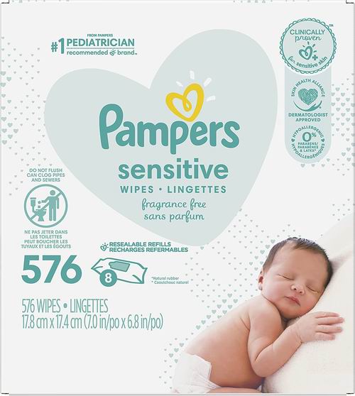  Pampers 敏感型宝宝湿巾 15.19加元（576张），原价 18.99加元