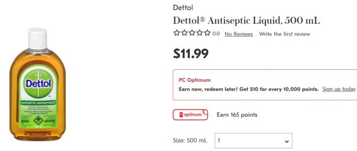 Dettol 滴露消毒液 1升  13.87加元，shoppers 同款500毫升售价 11.99加元