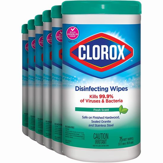  Clorox 高乐氏 杀灭99.9%病毒 消毒清洁湿纸巾（6x75片装）5.3折 19.94加元！