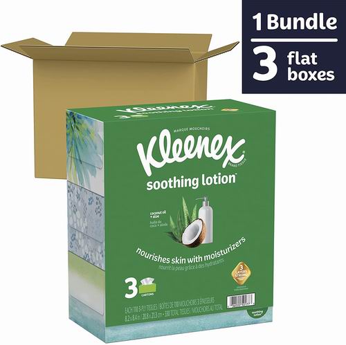  Kleenex Soothing Lotion 低过敏 超柔软 芦荟滋润 面巾纸（110张x3盒） 4.75加元（原价 6.99加元）