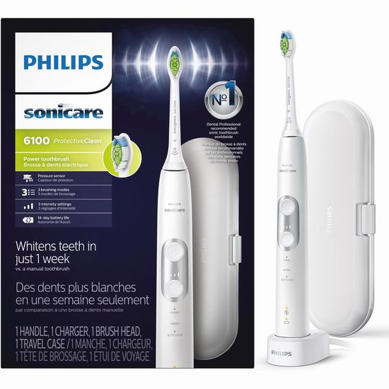  Philips 飞利浦 Sonicare 6100系列 声波震动 电动牙刷6.6折 104.99加元包邮！2色可选！