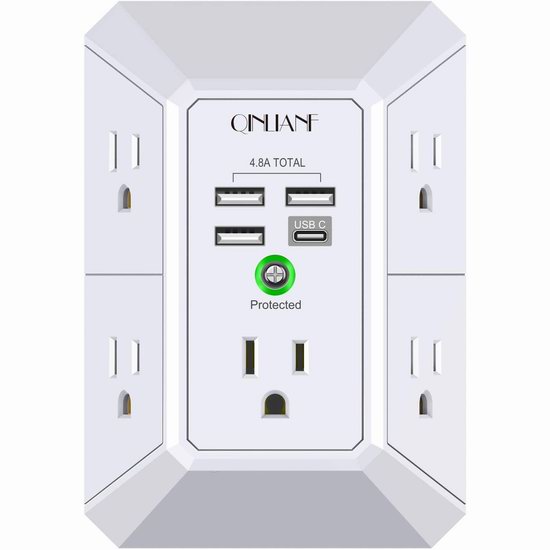  QINLIANF 电涌保护 壁插式5口插座 + 4 USB充电口插座 18.69加元！