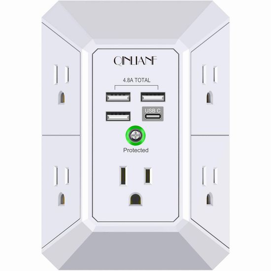  QINLIANF 电涌保护 壁插式5口插座 + 4 USB充电口插座 16.99加元！