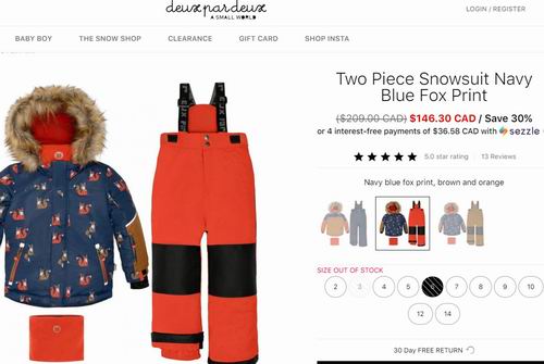 加拿大本土品牌！Deux Par Deux 能抵御-30℃ 儿童滑雪服、防寒服 7折 146.3加元起+包邮！