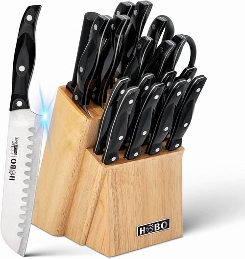  HOBO 三铆钉高碳不锈钢厨房刀+磨刀器+刀座 19件套 51.99加元（原价 59.99加元）+包邮