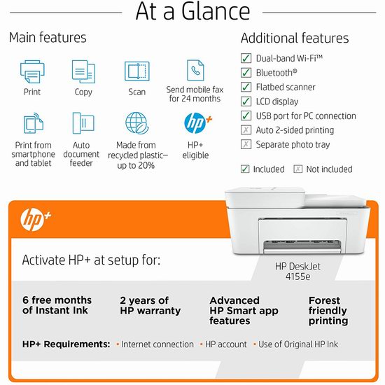 HP 惠普 DeskJet 4155e 多功能一体无线彩色喷墨打印机4.4折 74.99加元！送3个月墨盒！