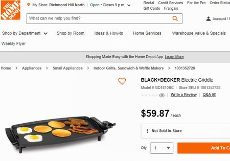 BLACK+DECKER GD1810BC 家用不粘底电烤盘/铁板烧4.1折 24.93加元！Home Depot同款59.87加元！