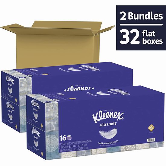  Kleenex Ultra Soft 舒洁 超软面巾纸/抽纸（70抽x32盒、2240张）17.99加元！