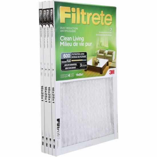  3M Filtrete 600 MPR 防过敏家庭空调暖气炉过滤网（16x25x1英寸 2-4个装）6.4折 18.99-30.31加元！