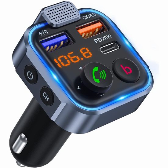  LENCENT 无线蓝牙车载FM调频转换器+智能语音+免提电话+PD3.0 20W+QC3.0 USB快充 19.99加元限量特卖！