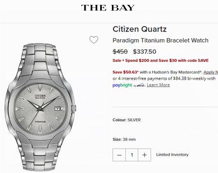 白菜价！历史新低！Citizen 西铁城 BM7440-51A 超级钛 光动能男式腕表/手表3.1折 133.98加元包邮！