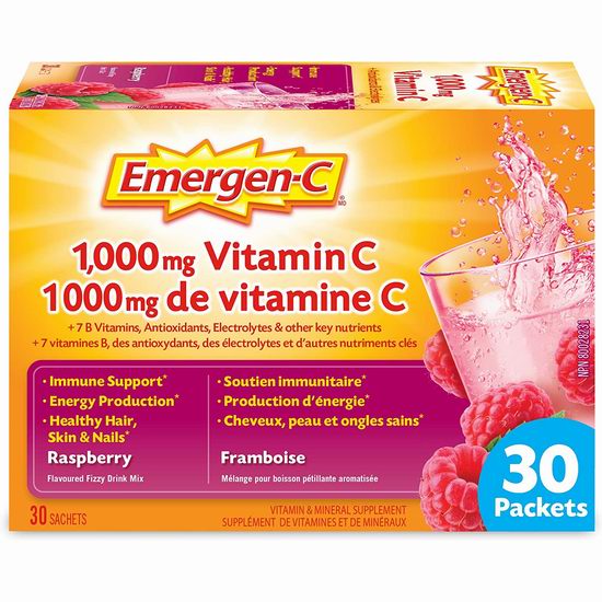  增强抵抗力，预防感冒！Emergen-C 覆盆子味 维他命C冲剂（30包）5.3折 7.46加元！