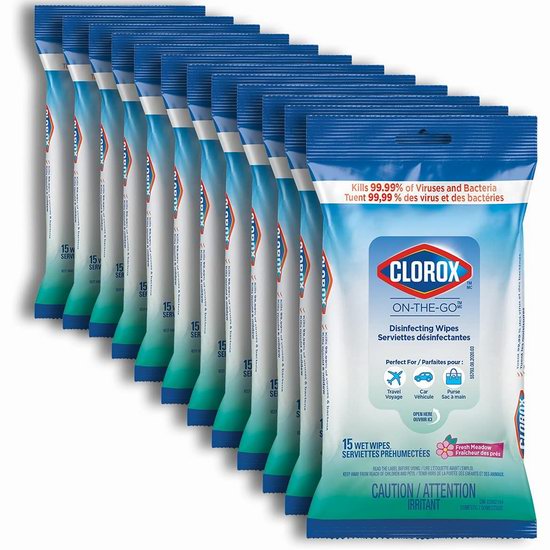 Clorox On-The-Go 高乐氏 随身带 杀灭99.99%病毒 消毒清洁湿纸巾12包 x 15片装 11.34加元！单包仅0.94加元！