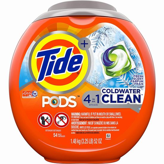  Tide PODS Coldwater 汰渍4合1洗衣球（54粒） 16.77加元！