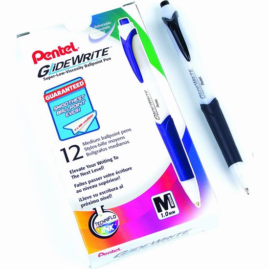  超级白菜！Pentel GlideWrite 日本派通 黑色按动圆珠笔12件套1折 2加元清仓！