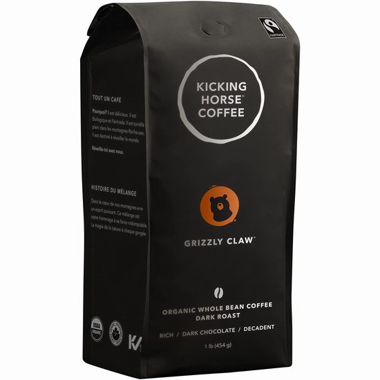  Kicking Horse Coffee 踢马 Grizzly Claw 灰熊爪深度烘焙 有机咖啡豆（1磅） 9.49加元包邮！多种口味可选！