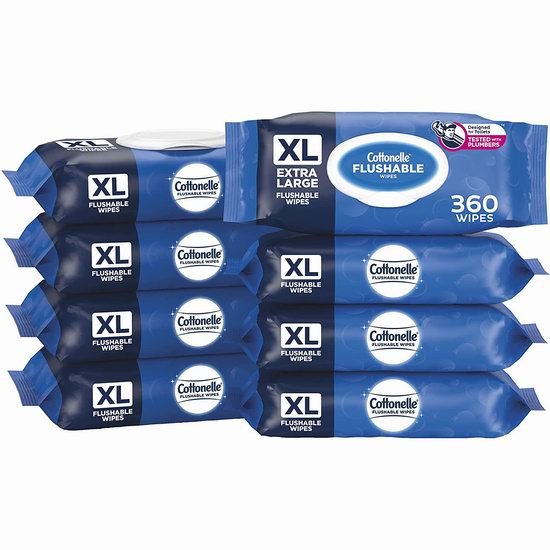  白菜价！历史新低！Cottonelle 加大号 可冲马桶无菌湿巾纸超值装（8包，共360张）2.8折 8.44加元！
