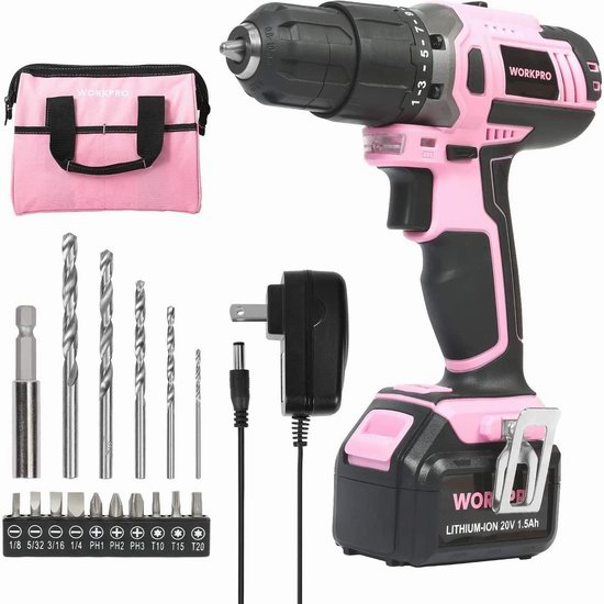  WORKPRO 20V 1.5Ah 粉色无绳电钻+钻头套装 63.99加元包邮！