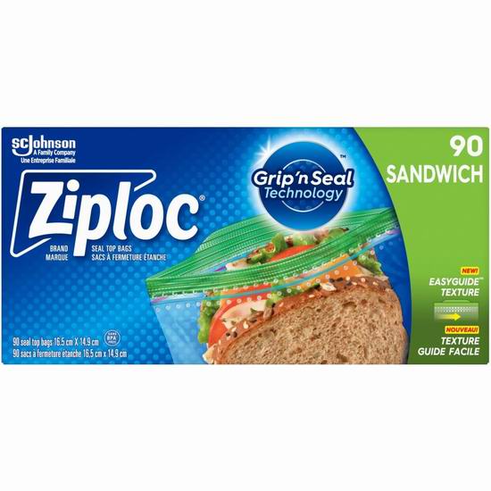  Ziploc 三明治/零食保鲜袋90个装6.3折 3.77加元（原价 5.99加元）