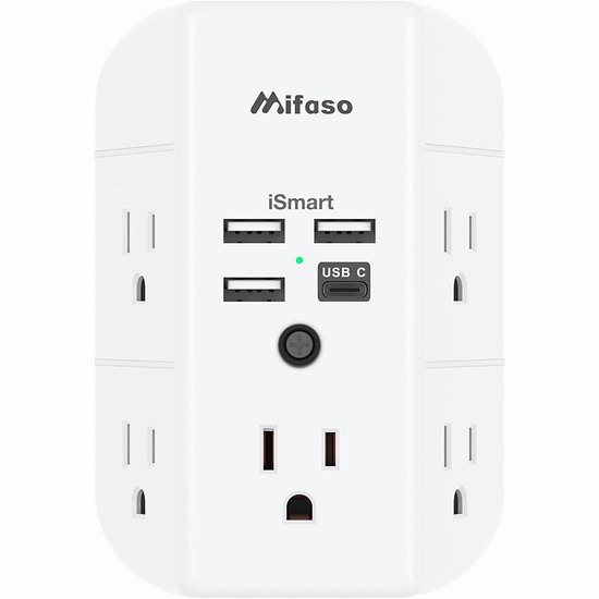  mifaso 电涌保护 壁插式5口插座 + 4 USB充电口插座5.7折 16.99加元！