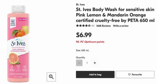 St. Ives 天然玫瑰水芦荟沐浴露 650毫升 4.72加元！多种味道可选！Shoppers同款价6.99加元