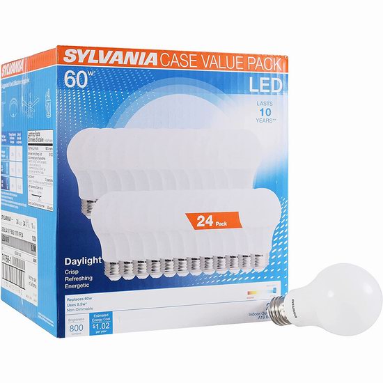 历史新低！Sylvania A19 60瓦等效 日光色 LED节能灯24件套4.2折 22.69加元！平均单个仅0.94加元！