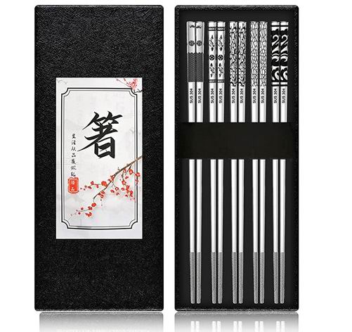  DUOJYTOU 可重复使用 金属筷子5双 带雕刻 16.99加元（原价 19.99加元）