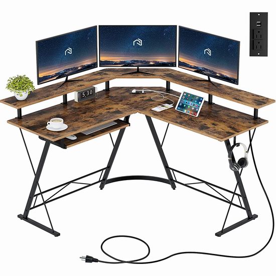  历史新低！Rolanstar 54英寸 L型双层电脑桌/书桌/办公桌6.1折 159.99加元包邮！桌面内置插线板！2色可选！