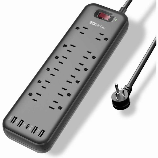  历史新低！MKSENSE 12 插座 + 5 USB充电 电涌保护 插线板5折 18.99加元包邮！