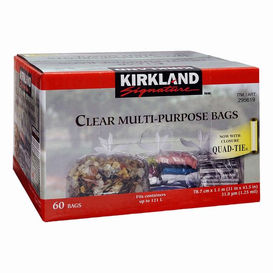  Kirkland Signature 多用途 大号透明塑料收纳袋/垃圾袋60件套4.6折 14.24加元！
