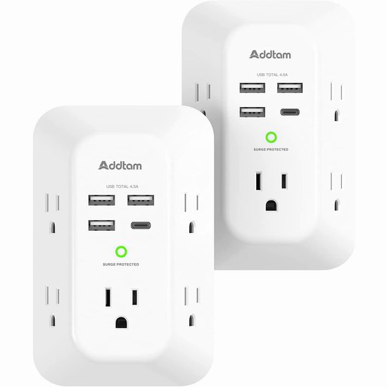  Addtam 电涌保护 壁插式5口插座 + 4 USB充电口插座/墙插2件套4.3折 26加元！双口墙插秒变9口！