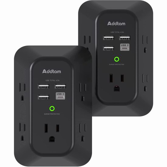  历史最低价！Addtam 电涌保护 壁插式5口插座 + 4 USB充电口插座/墙插2件套5.3折 32.18加元！双口墙插秒变9口！2色可选！