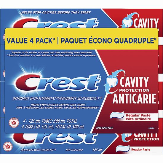  Crest 佳洁士 Cavity Protection 防蛀修护牙膏超值装（4 x 125ml） 3.3加元（原价 5.99加元）