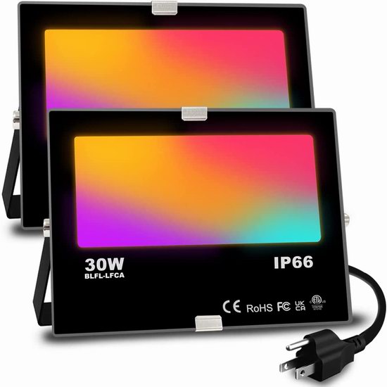  Yangcsl 300W等效 LED节能 室外智能RGB变色泛光灯2件套6.1折 30.59加元！