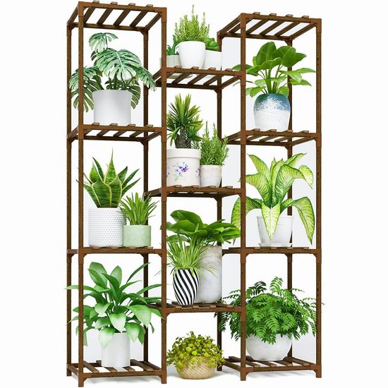  Bamworld 天然碳化实木 11格植物架/花盆架 49.99加元包邮！