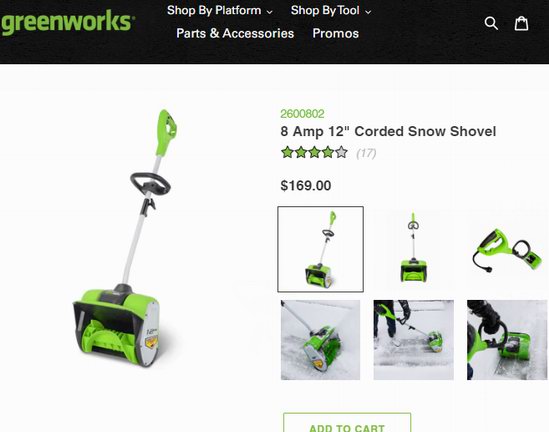 GreenWorks 2600802 8安培 12英寸电动铲雪机7折 118.3加元包邮！