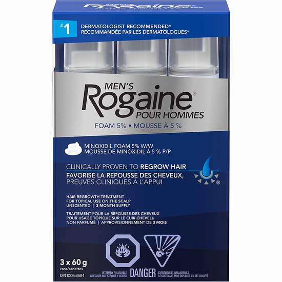 脱发救星 Rogaine 落健 Hair Regrowth Treatment 男用防脱发生发泡沫（3瓶x60克）104.49加元包邮！