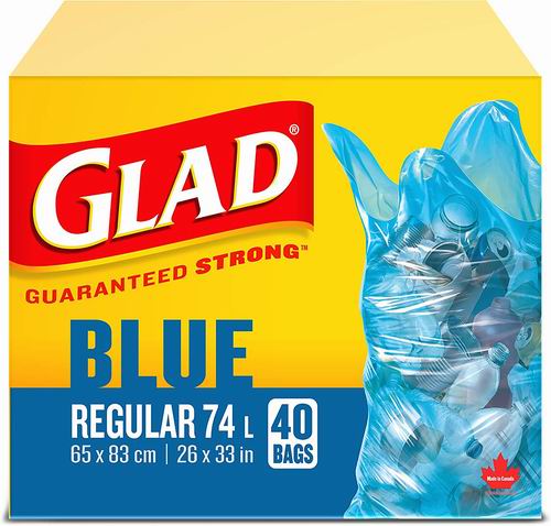  Glad 74升蓝色回收袋 40个装 8.48加元（原价 15.49加元）
