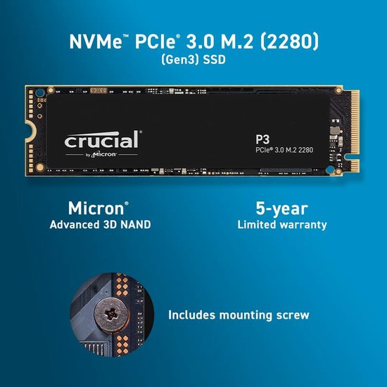  历史新低！Crucial 英睿达 P3 1TB PCIe 3.0 3D NAND NVMe M.2 SSD固态硬盘 62.55加元包邮！