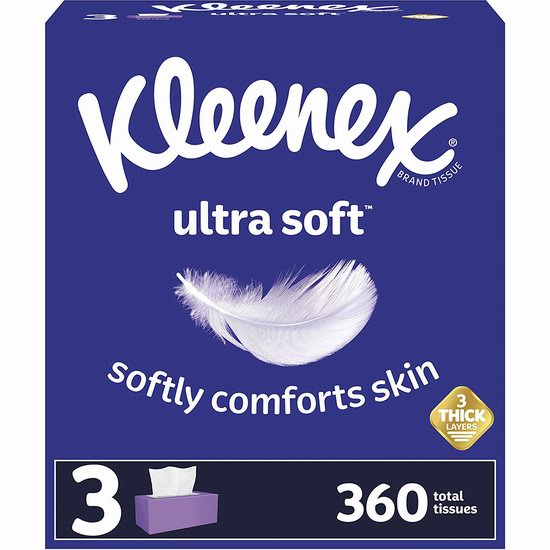  Kleenex Ultra Soft 舒洁 超软面巾纸/抽纸（120抽x3盒） 9.99加元（原价 14.52加元）