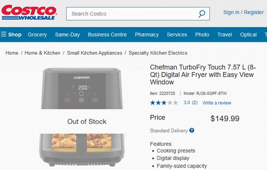 折扣罕见！历史新低！Chefman TurboTouch 8夸脱大容量 可视窗 可编程空气炸锅4.9折 78加元包邮！
