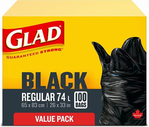  Glad 74升黑色垃圾袋100个 18.8加元（原价 23.69加元）