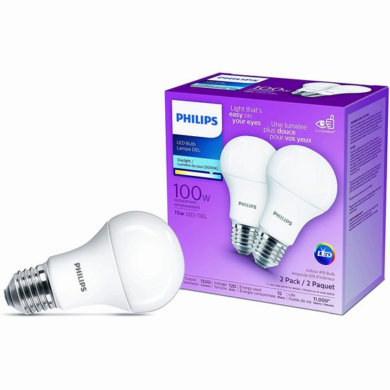  PHILIPS 飞利浦 462010 A19 100瓦等效 LED节能灯2件套 10.97加元（原价 13.78加元）