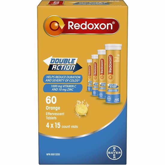  REDOXON 橙味双效维生素C+锌 维C泡腾片（4瓶×15片）5.7折 14.44加元！每天一片增强免疫力！