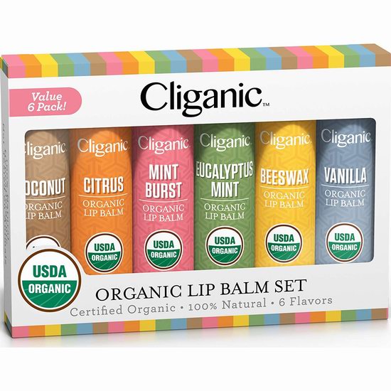  Cliganic USDA 纯天然有机保湿润唇膏6件套 11.39加元！